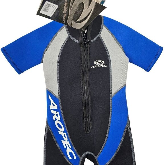 Aropec Kids Shorty Wet Suite Kids 2 Blue Black Neoprene Zip Front Short Slv NWT - Picture 4 of 6